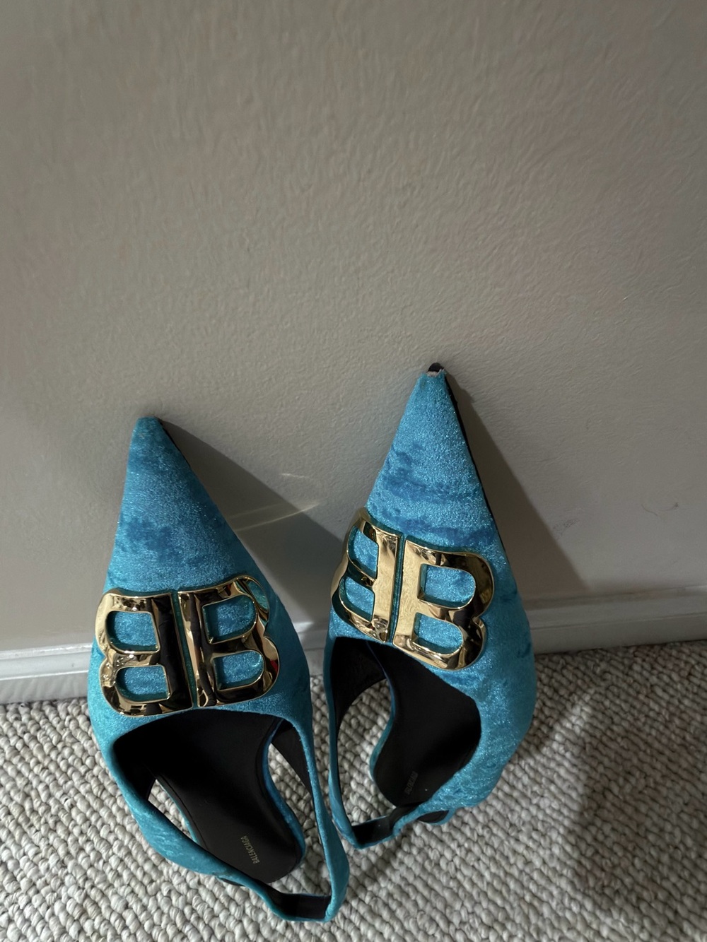 Balenciaga Teal Velvet Slingback Flats with Gold BB Logo - Picture 15 of 17